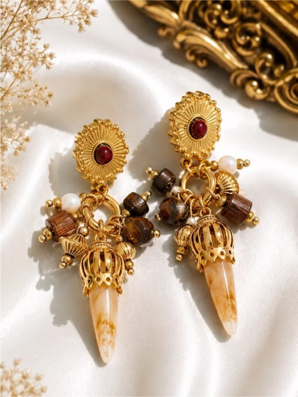 Vintage Gold Drop Earrings with Brown and Cream Accents